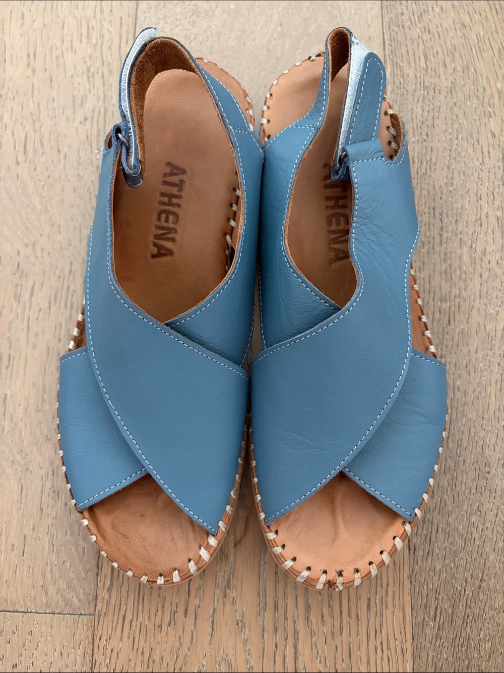 Athena Blue Leather Crisscross Slingback Leather Sandals, size 38 / us 7.5-8
